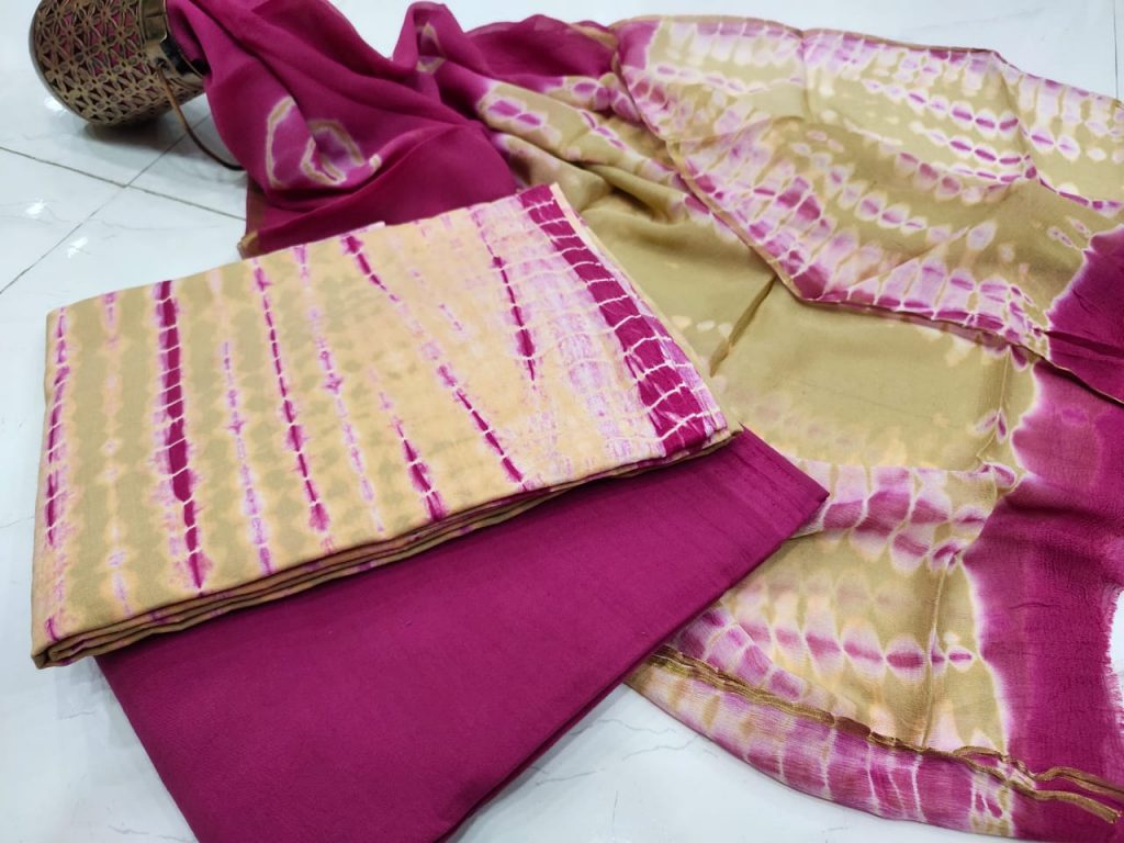 Pink and Lime	zari border cotton suit pure chiffon dupatta