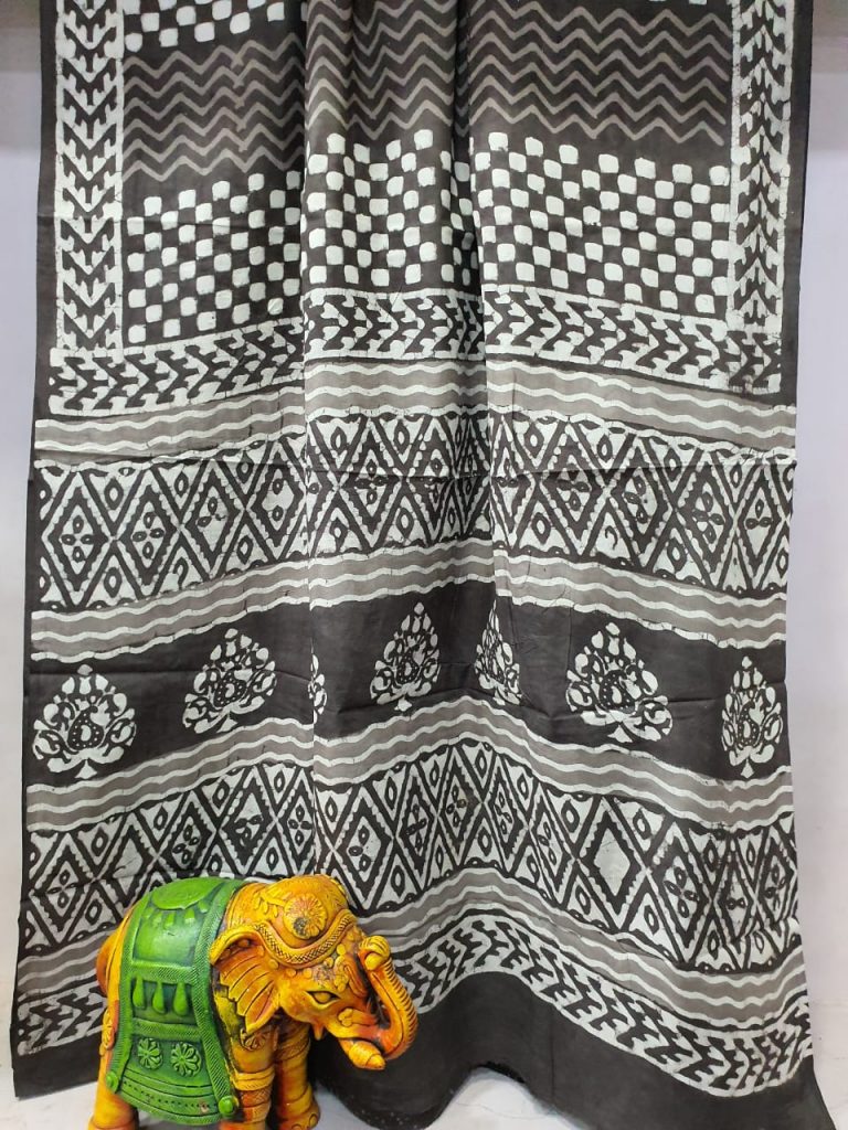 Beautiful taupe bagru print cotton mulmul saree