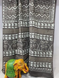 Superior quality taupe bagru print cotton mulmul saree with blouse