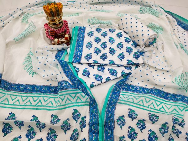 Traditional white And azure blue pure cotton mulmul dupatta suit set