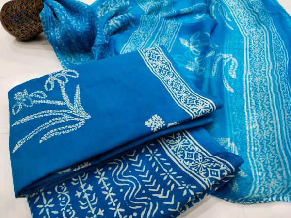 Azure blue cotton salwar suit set with chiffon chunni