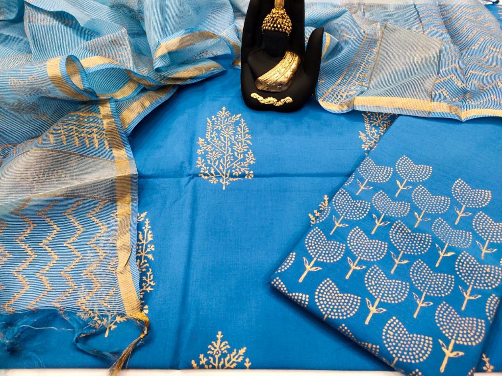 jaipuri Azure blue Cotton suit with kota silk dupatta