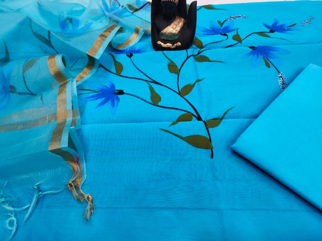 Azure blue Hand painted floral print organza Chanderi dupatta suit set