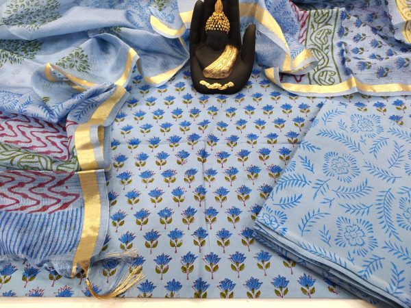 baby blue floral print pigment print pure cotton suit kota dupatta set