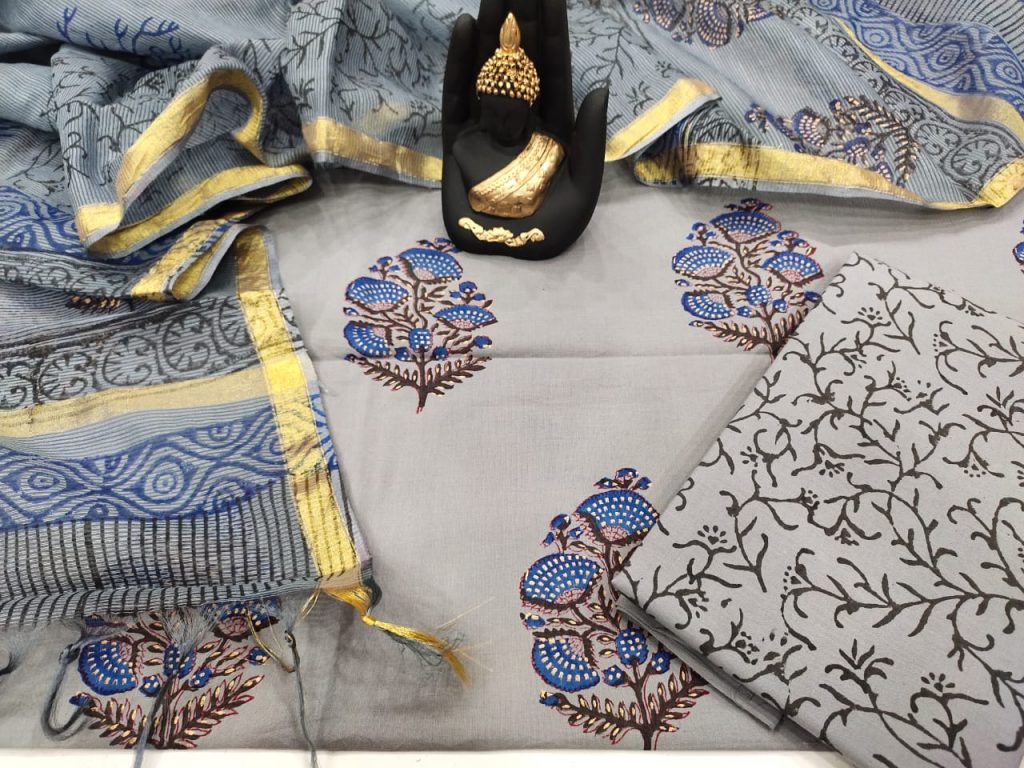 Gray floral print pure cotton suit kota silk dupatta
