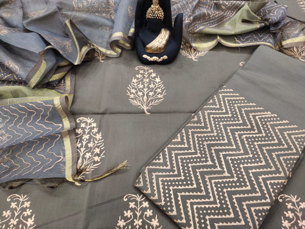 Dark silver Cotton suit with kota silk dupatta set