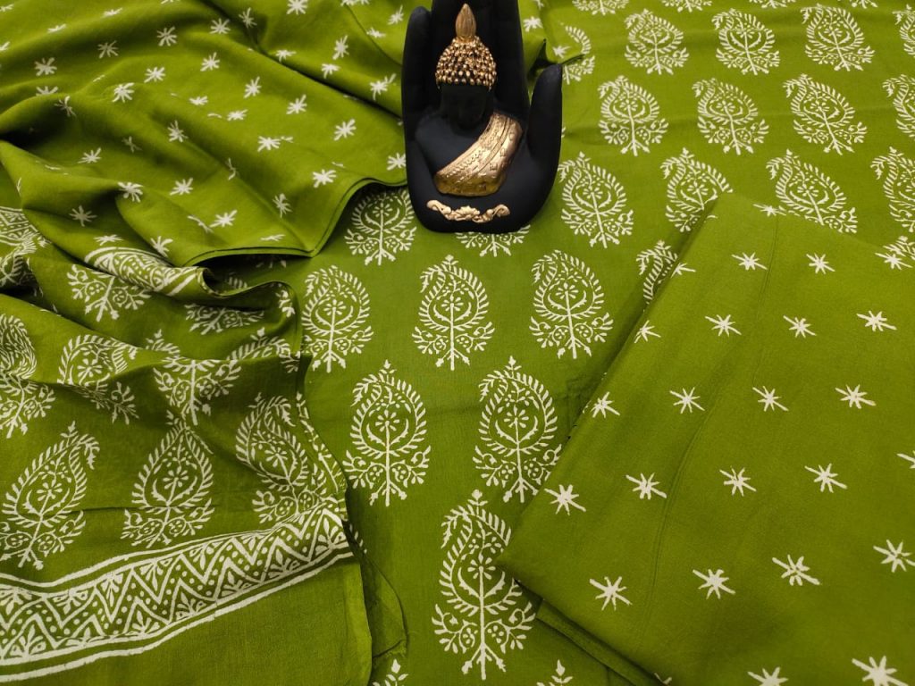 green Cotton salwar kameez set with mulmul dupatta