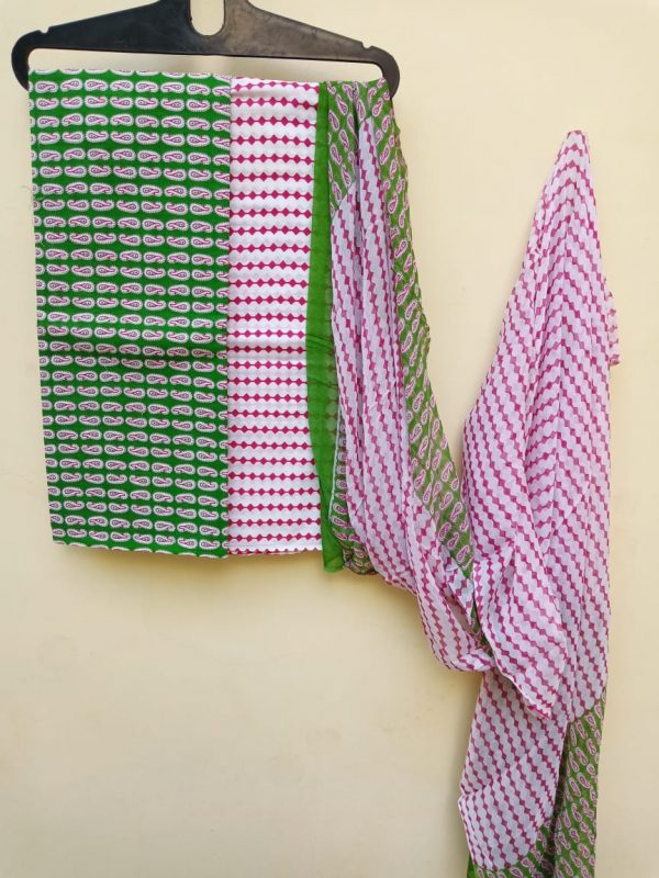 green and pink chiffon dupatta with cotton salwar kameez set