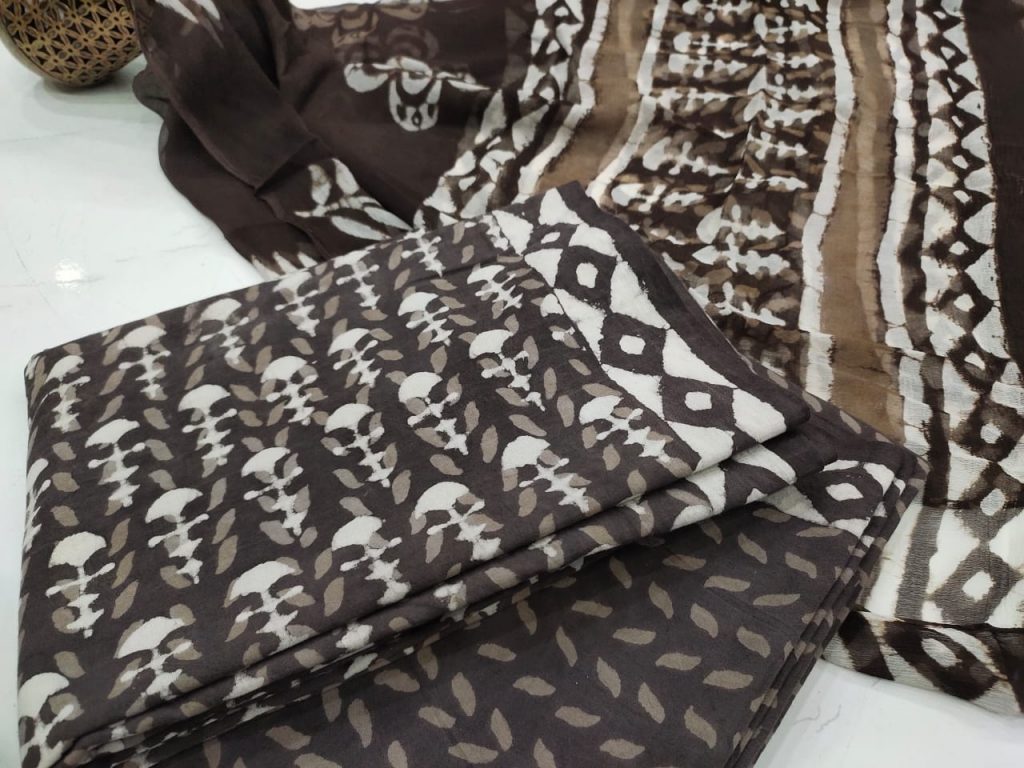 Taupe bagru print cotton salwar suit set with chiffon chunni