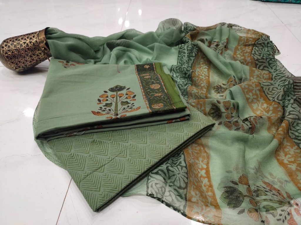 Emerald bagru floral print Chiffon suit set With salwaar