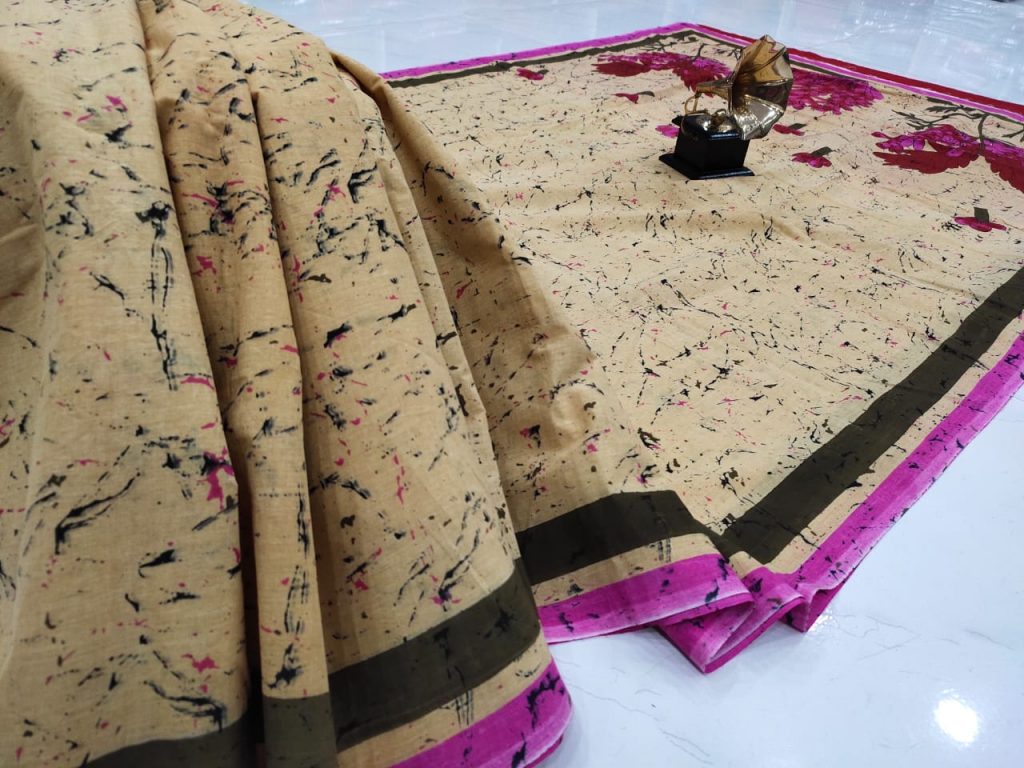 Champagne and pink cotton saree with blouse