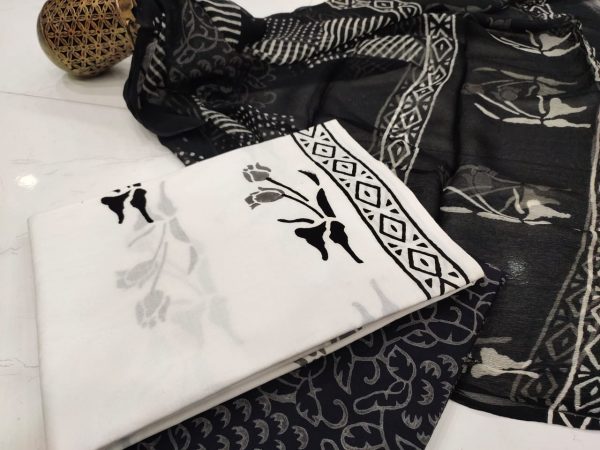 White and black cotton salwar suit set with chiffon chunni