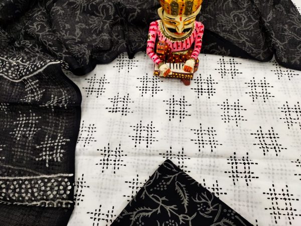 Superior quality white and black Cotton suit kota dupatta set