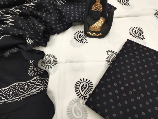 Black and white pigment print mulmul dupatta suit set