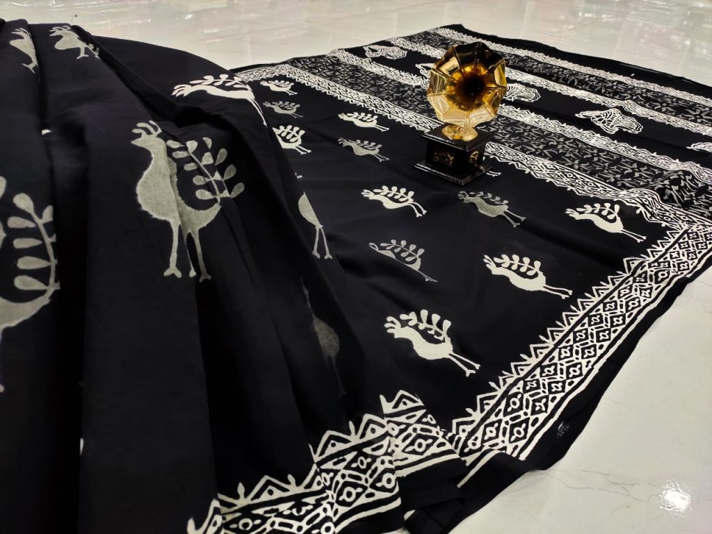 black pigment print pure cotton mulmul saree
