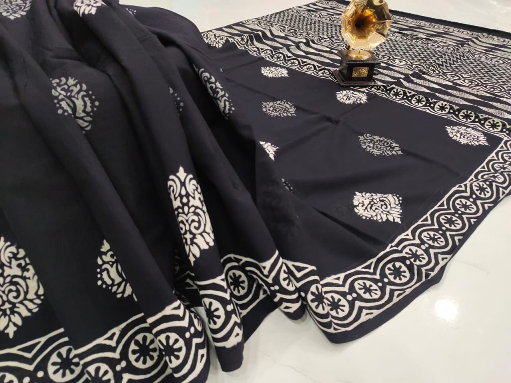 Black cotton mulmul saree with blouse