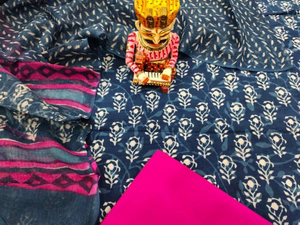 Beautiful blue and Pink cotton suit with kota doria dupatta set