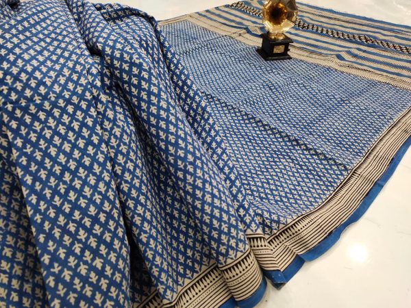 Traditional blue pigment print cotton mulmul saree with blouse