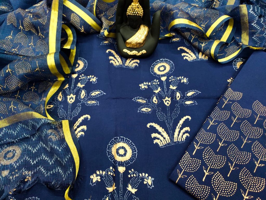 jaipuri Blue Cotton suit with kota silk dupatta