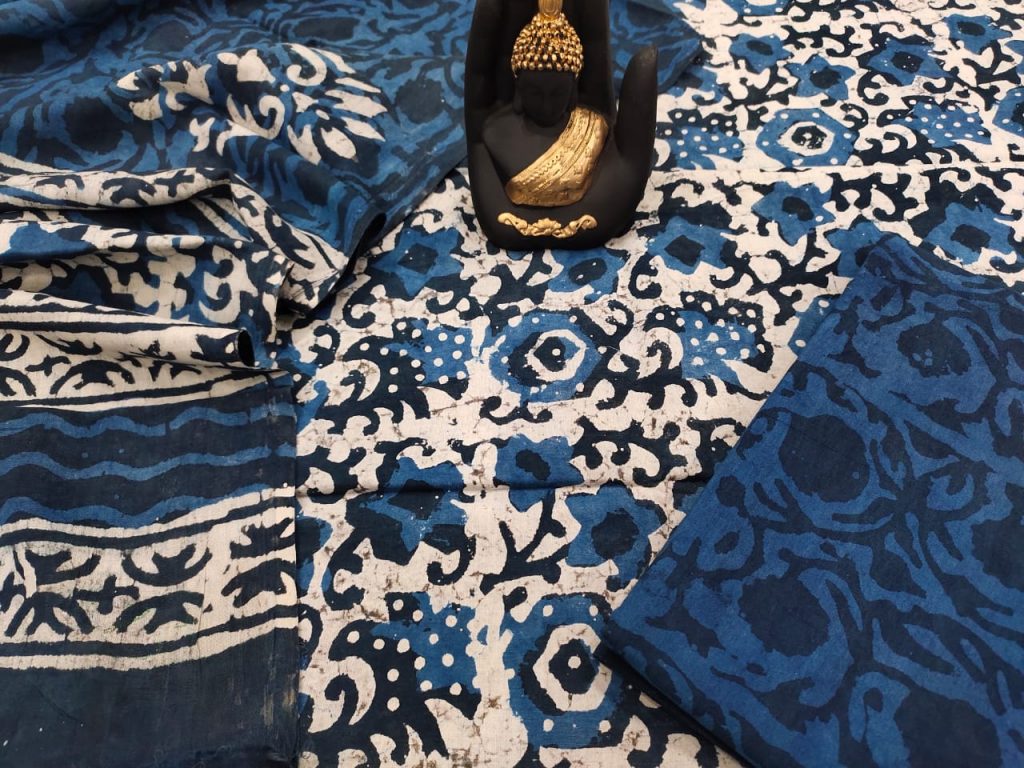 Exclusive blue indigo dabu print pure cotton suit with mulmul dupatta