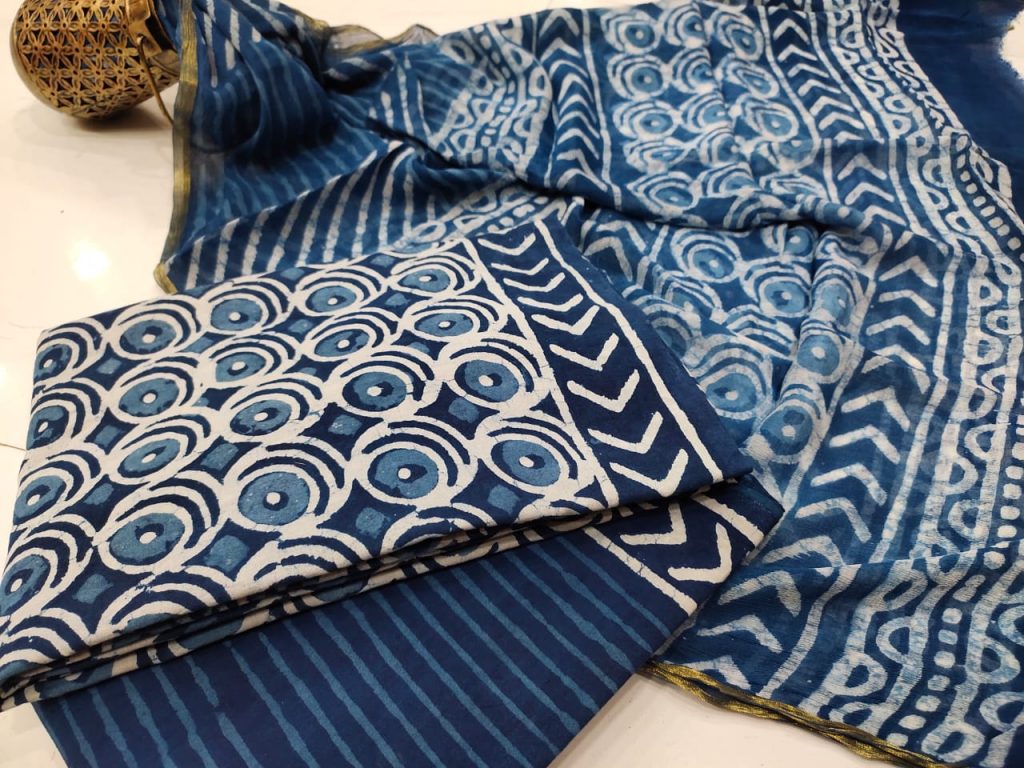 beautiful Prussian blue zari border cotton suit pure chiffon dupatta