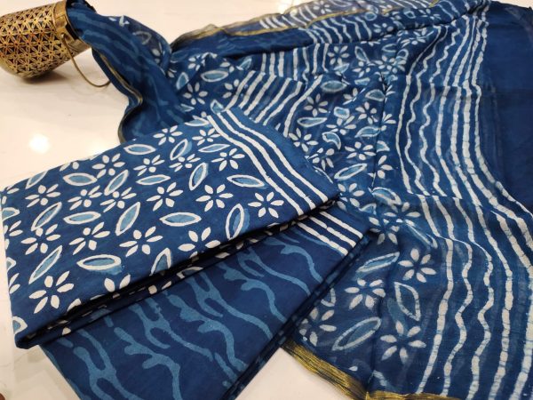 Traditional Prussian blue zari border cotton suit pure chiffon dupatta