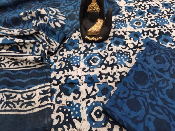 Exclusive blue indigo dabu print pure cotton suit with mulmul dupatta