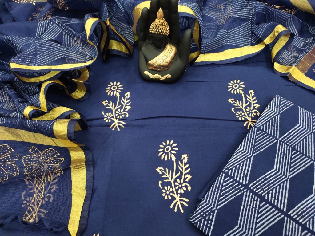 blue floral print cotton suit with kota dupatta set
