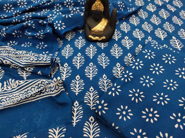blue Cotton salwar kameez set with mulmul dupatta