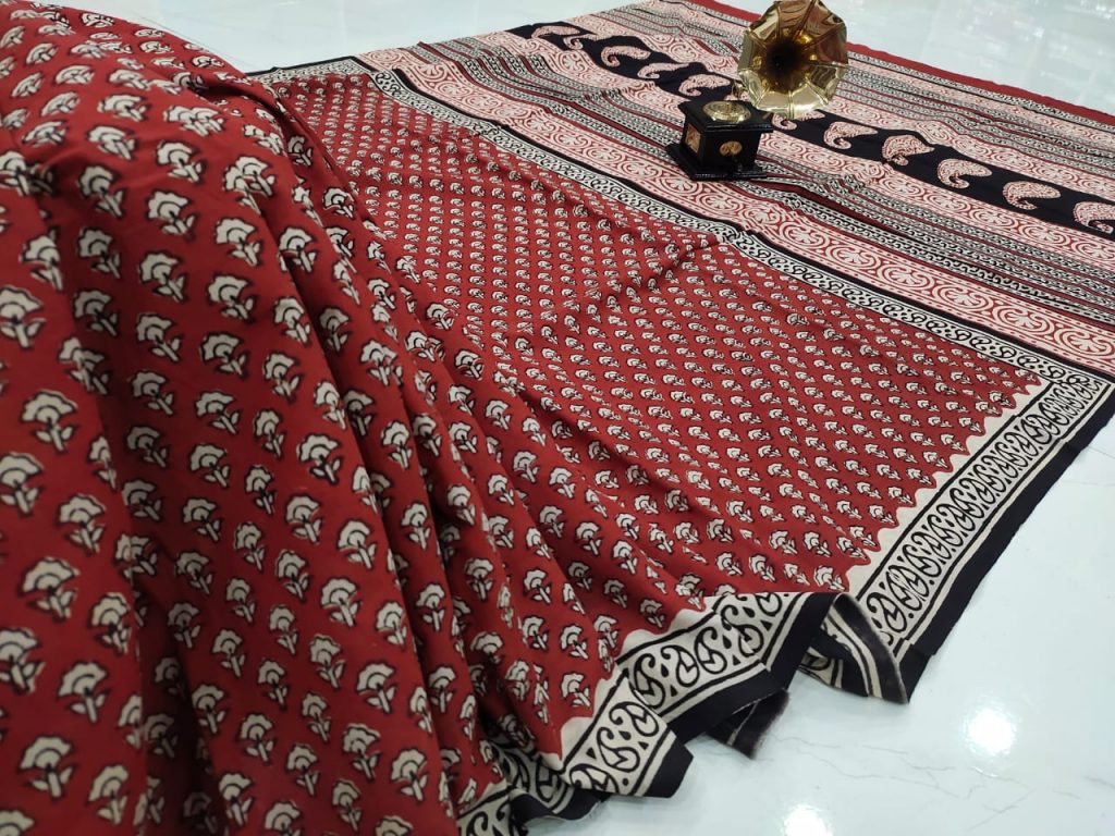 Carmine cotton saree with blouse
