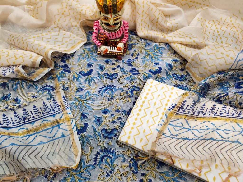 White and baby blue chanderi suit set