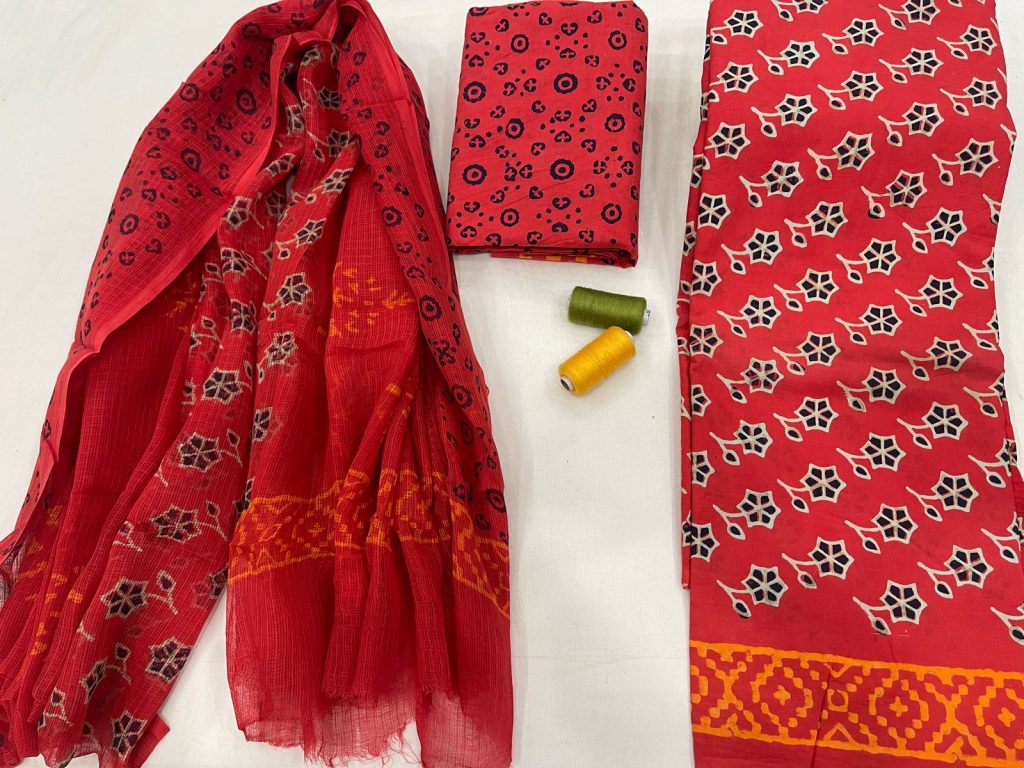 Exclusive crimson red pigment print Cotton suit with kota doria dupatta