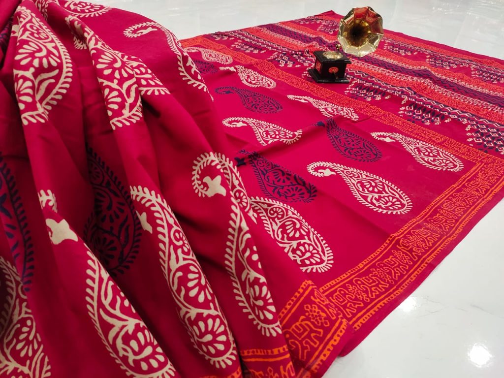 Crimoson red mugal print pure cotton mulmul saree