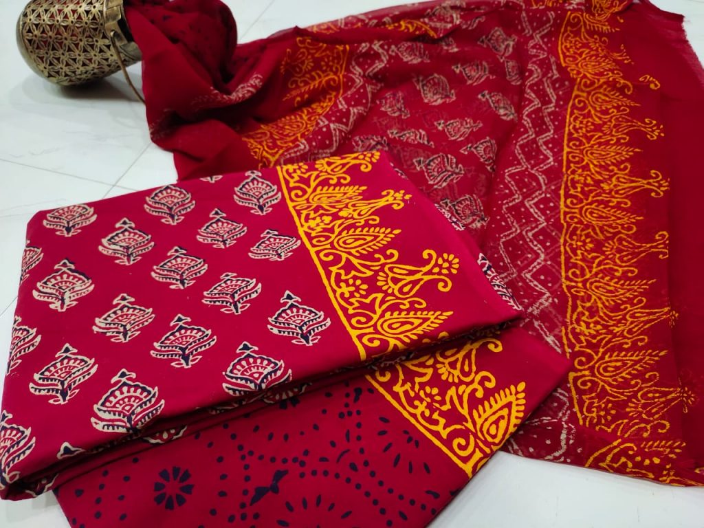 Superior quality Crimson red Chiffon dupatta cotton salwar suit set