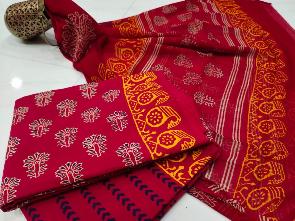 Crimson red Chiffon dupatta cotton salwar suit set