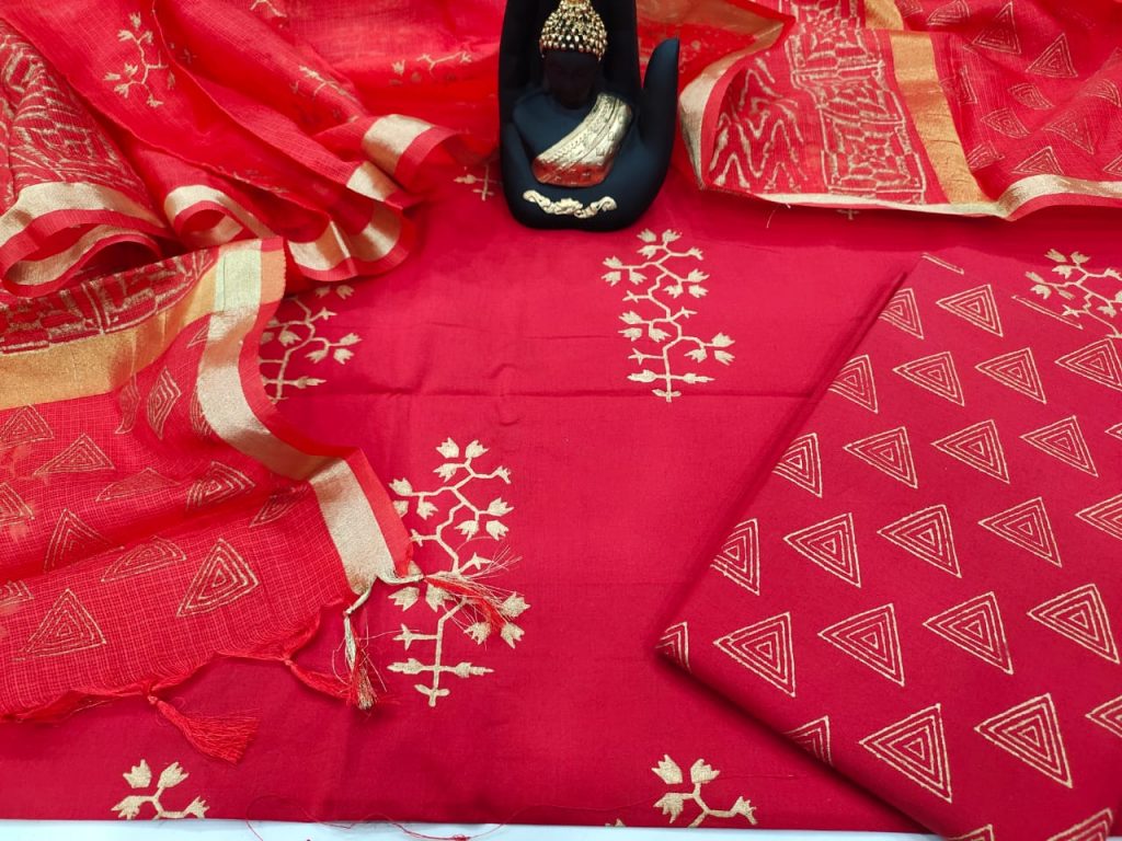Crimson red Cotton suit with kota silk dupatta set