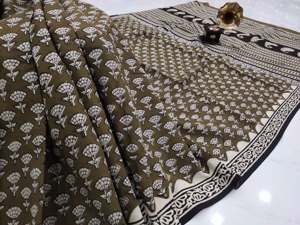 dark olive cotton mulmul saree with blouse