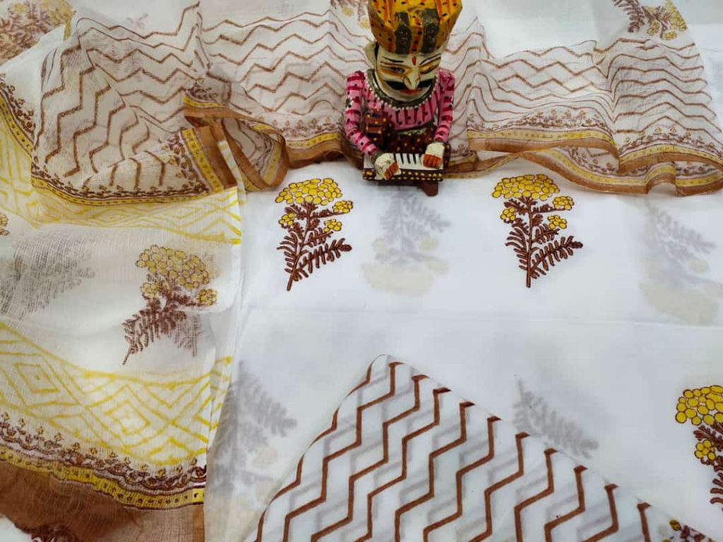 Jaipuri White floral print Cotton suit with kota doria dupatta set