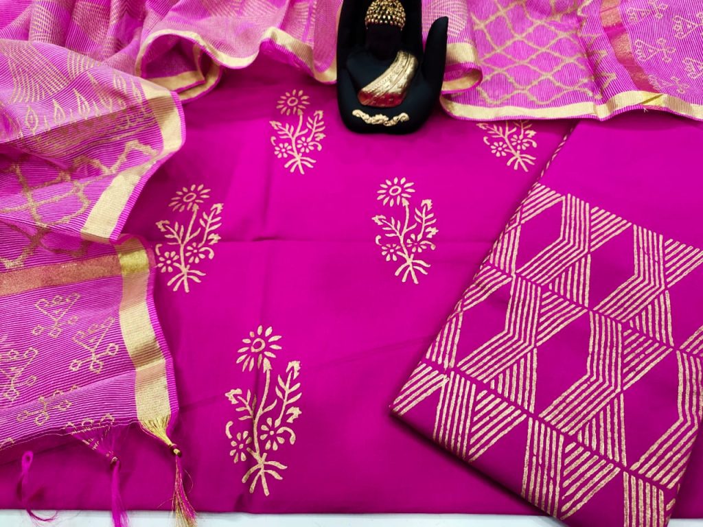 Pink Cotton suit with kota silk dupatta set