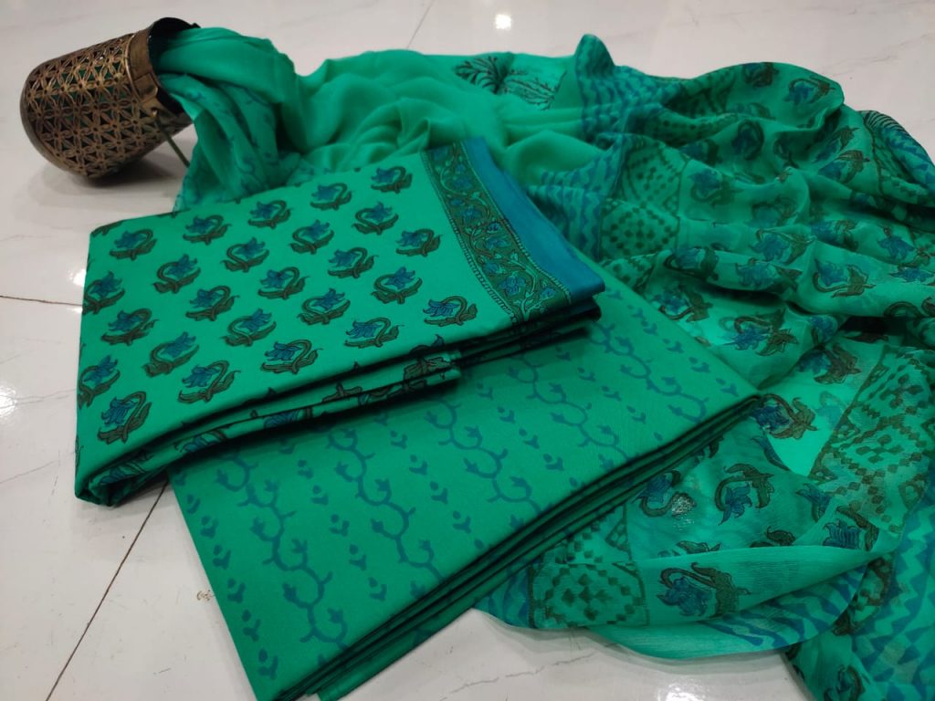Aquamarine Chiffon dupatta cotton salwar suit set