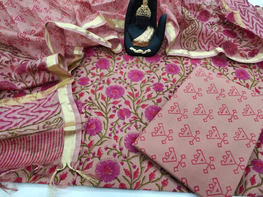 Blush blush floral print cotton suit with kota dupatta set