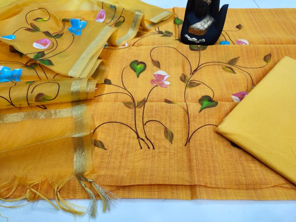 Amber Hand painted floral print organza Chanderi dupatta suit set