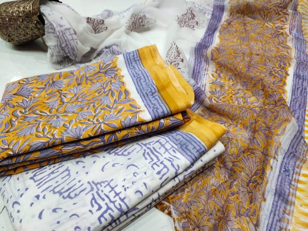 yellow and white Chiffon dupatta pure cotton salwar suit set