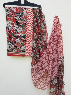 Bagru Brown floral print Chiffon dupatta pure cotton salwar suit set