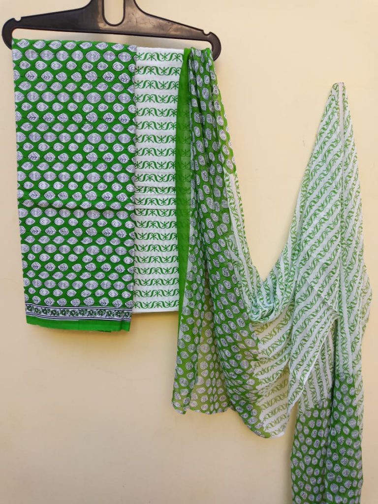 green and white chiffon dupatta with cotton salwar kameez set