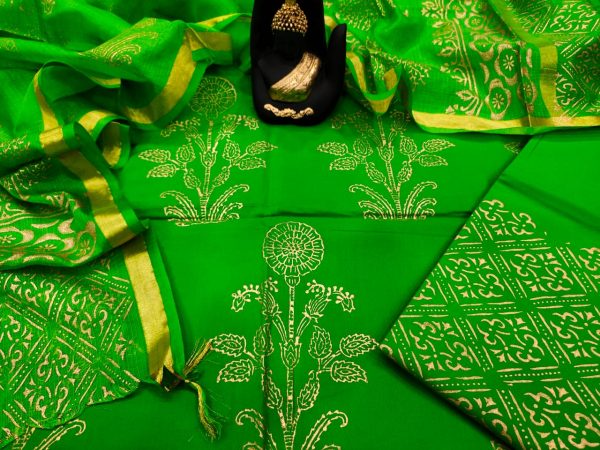 Green Cotton suit with kota silk dupatta set