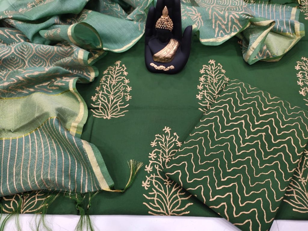 Traditional Green Cotton suit with kota silk dupatta