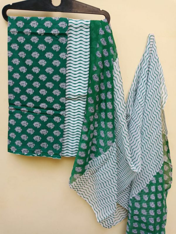 Superior quality Green Chiffon dupatta cotton salwar suit set