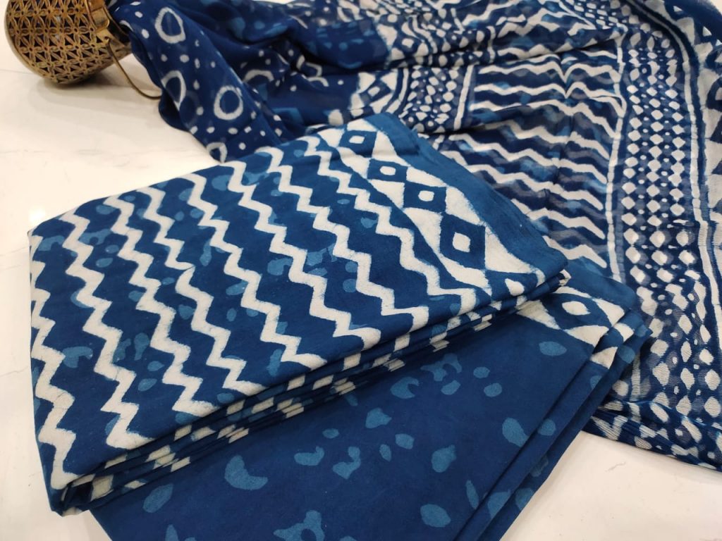 Superior quality blue cotton salwar kameez with chiffon dupatta