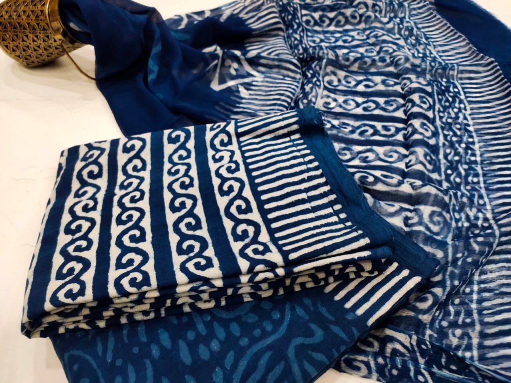 Traditional blue cotton salwar suit set with chiffon chunni